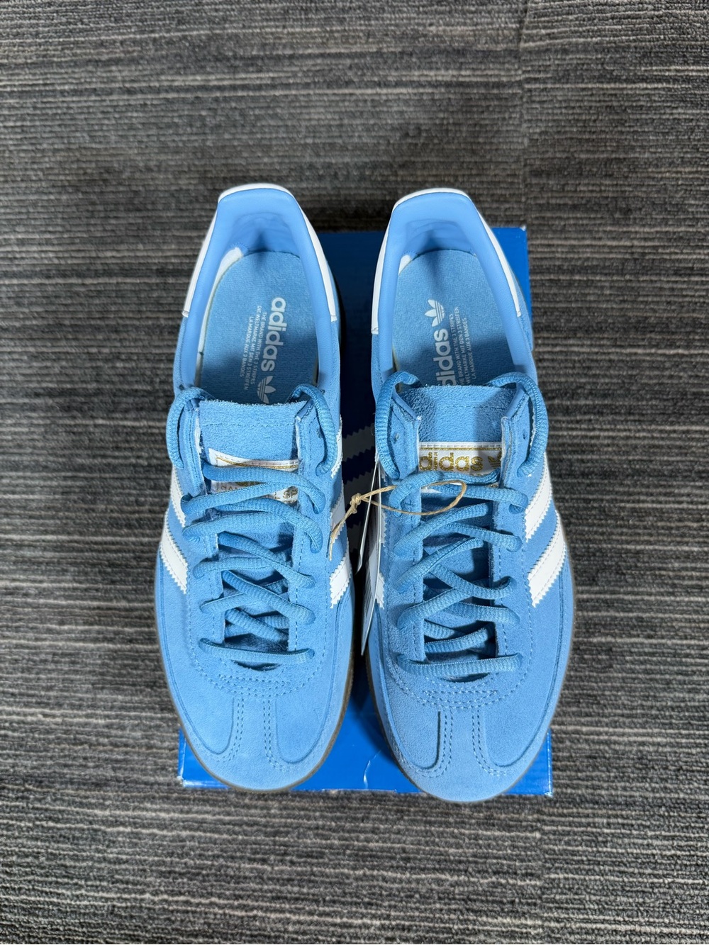 adidas Handball Spezial J Light Blue Suede Sneakers with White Stripes Gum Soles - Picture 4 of 8